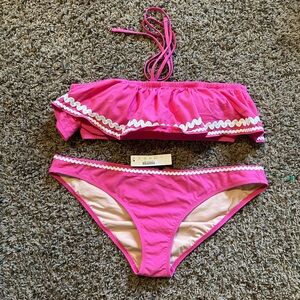J Crew Pink Ruffle Rickrack Halter Strapless Low Waist Bikini NWT vacation swim